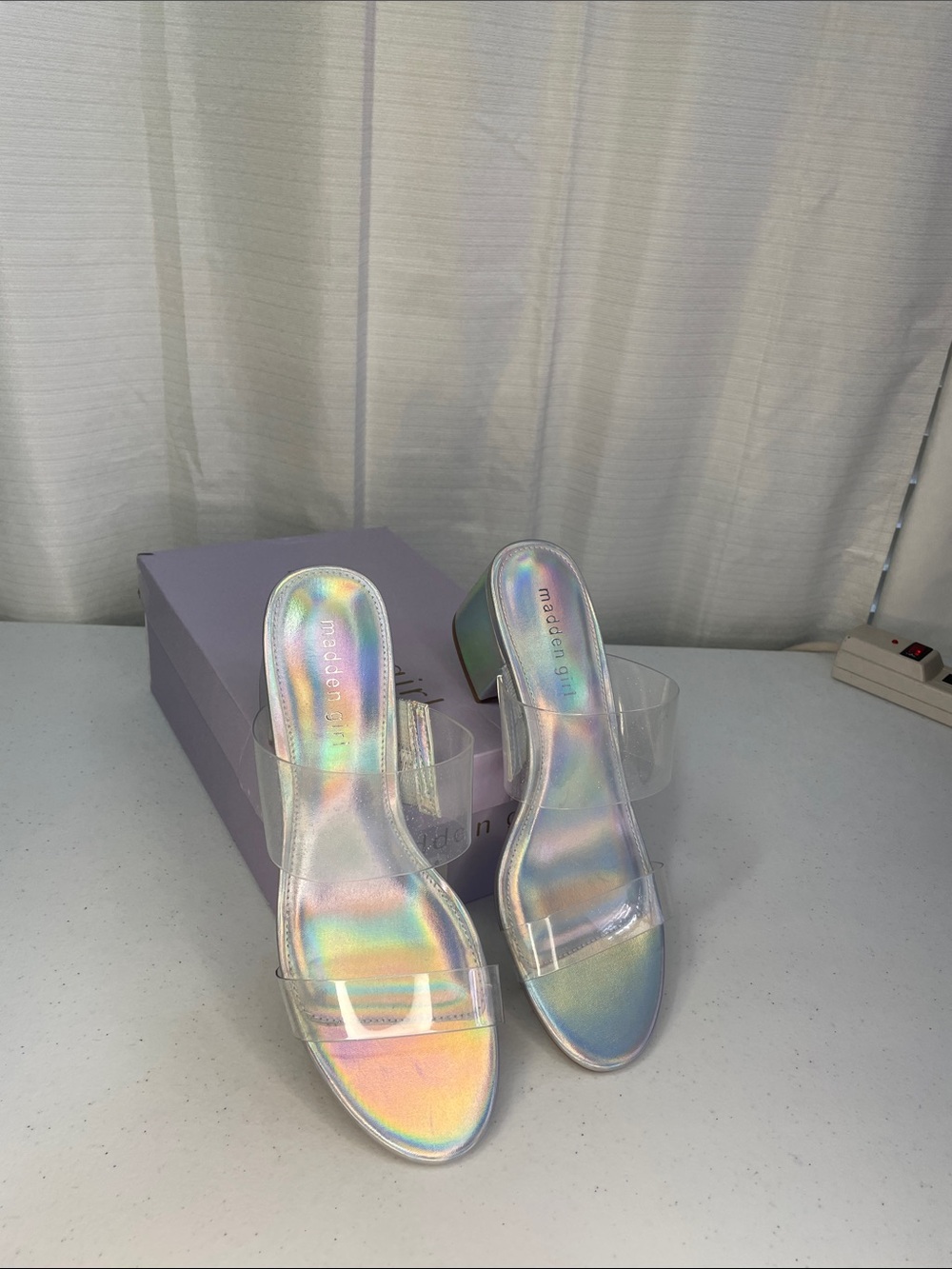 Madden Girl Iridescent Holographic Clear Strap Block Heel Mules